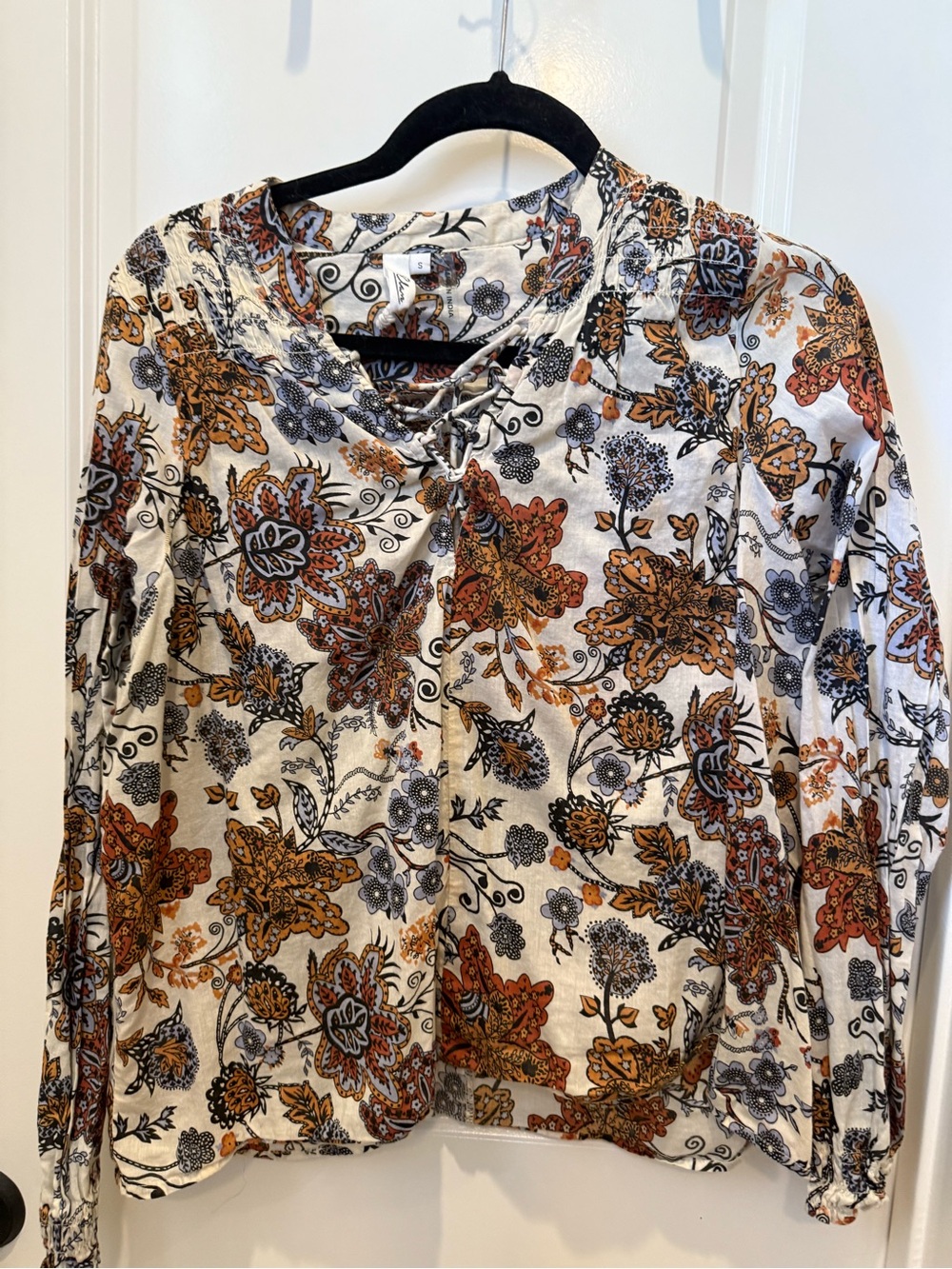 Elan Lace-Up Floral Blouse in Cream, Tan & Black